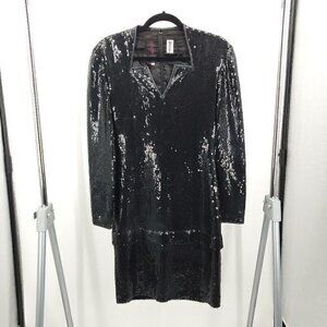 Vintage 90s Tom and Linda Platt Long Sleeve Black Sequined Two-Tier Midi…